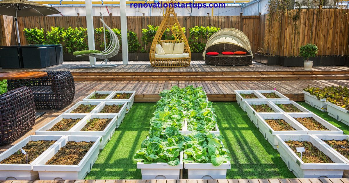 Courtyard renovation cost modern courtyard garden renovation with raised planters, artificial turf, wooden deck, and outdoor furniture
