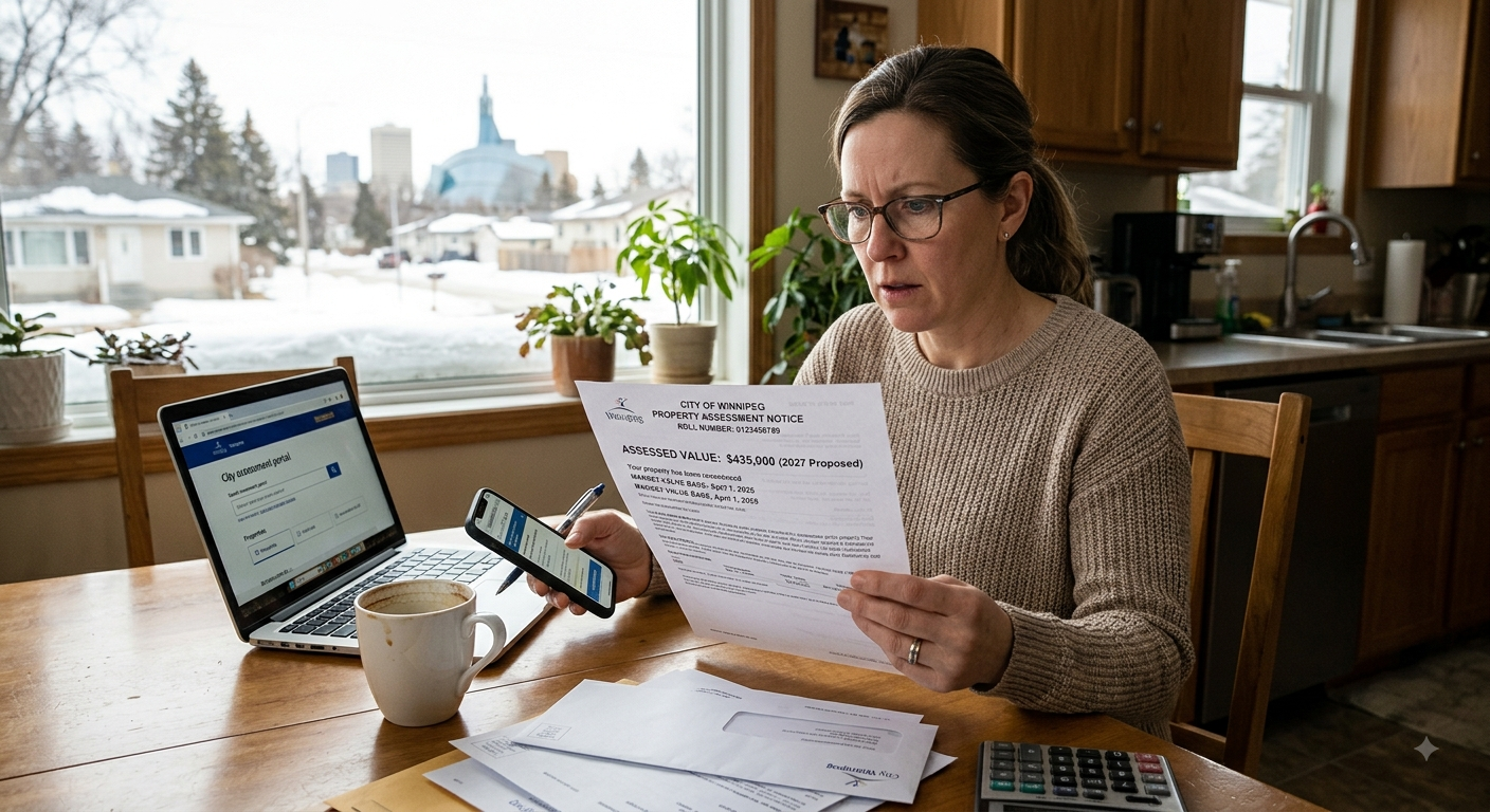 A photographic depiction of a homeowner reviewing a property assessment Winnipeg notice. The candid image shows a woman with a concerned expression at her table, holding an official "City of Winnipeg" document that displays a proposed "ASSESSED VALUE: $435,000" for the 2027 reassessment.