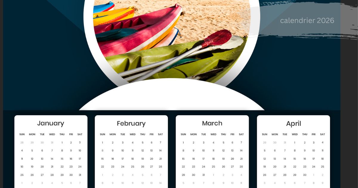 Calendrier 2026 beach-themed calendar with January to April month grids
