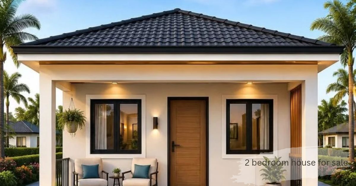 2 bedroom house for sale with a dark tiled roof, wooden front door, and a covered porch with two chairs
