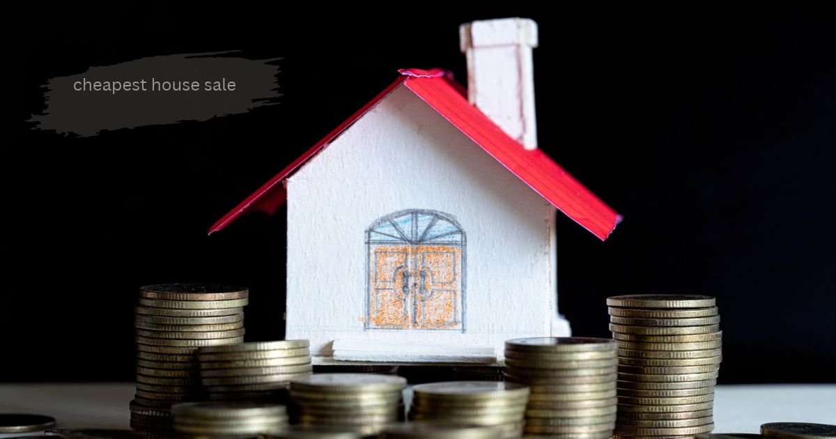 Stacks of silver coins in front of a small model house representing real estate savings and affordable home buying’Cheapest House Sale’.