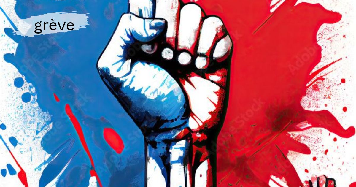 Grève protest art showing a raised fist in blue and red representing workers' rights and resistance