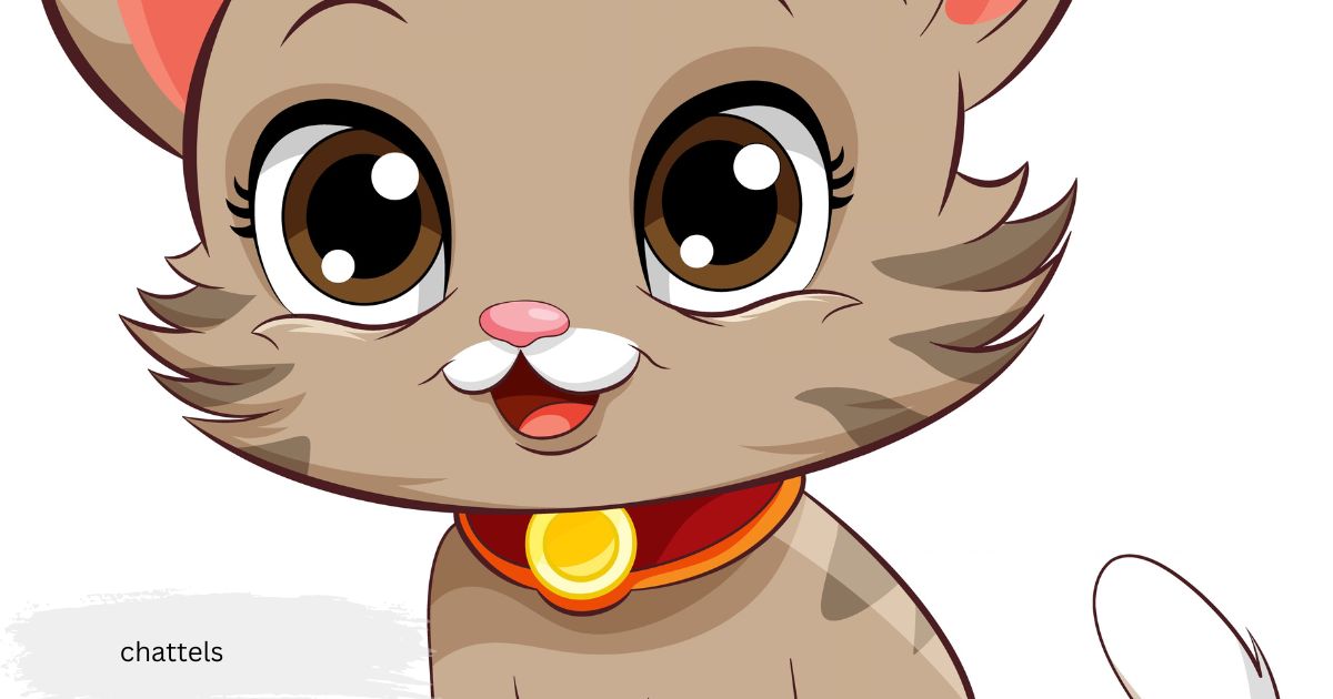Cute cartoon kitten illustration with collar, used for the keyword chattels.