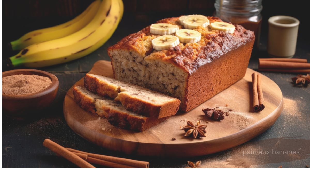 Sliced banana bread on a wooden board next to whole bananas and cinnamon'pain aux bananes'.