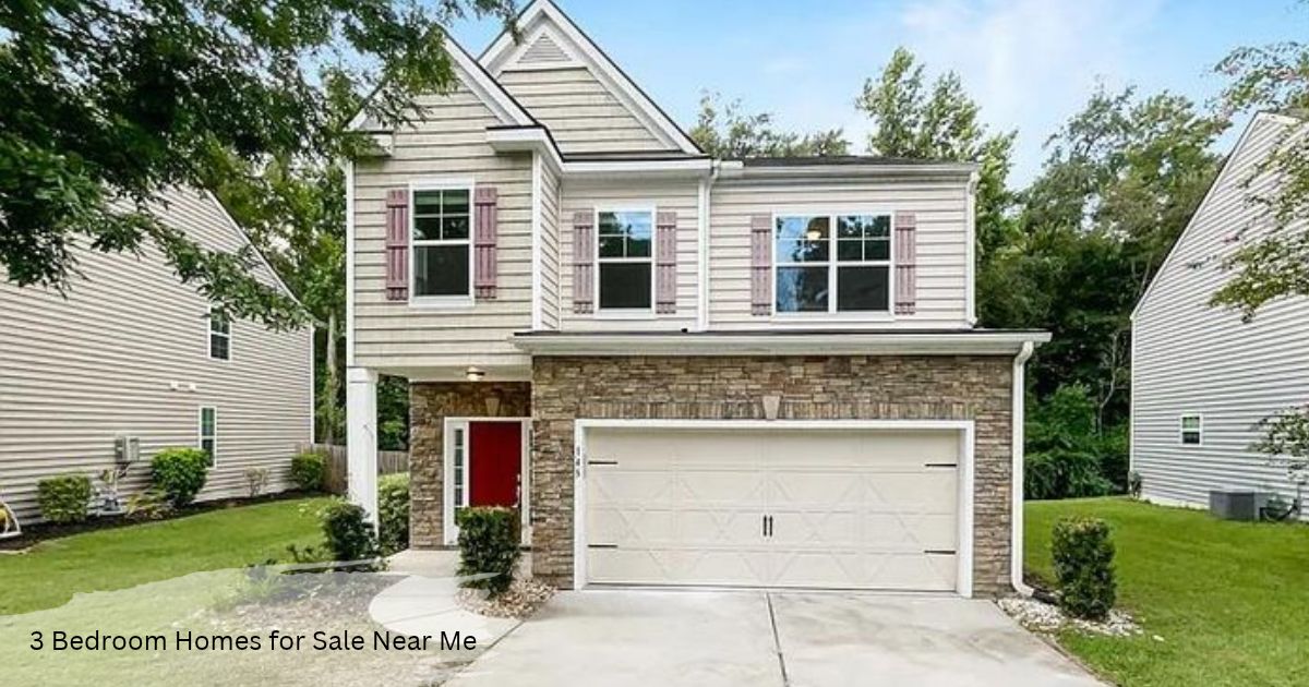 Two story cream vinyl sided house with gray shutters and a white railed upper balcony, one of the houses cheap for sale near me.'Two-story cream vinyl-sided house with gray shutters and a white-railed upper balcony, one of the houses cheap for sale near me.'3 Bedroom Homes for Sale Near Me'
