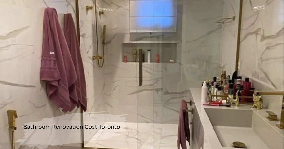 Bathroom renovation cost Toronto idea with marble-look tiles, a glass shower and gold-toned fixtures