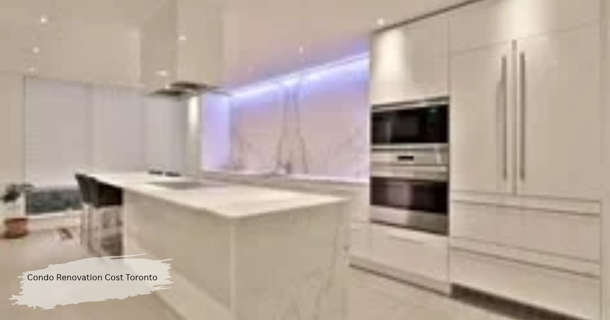 Condo renovation cost Toronto: sleek white kitchen with marble island, built-in oven and purple under-cabinet lighting