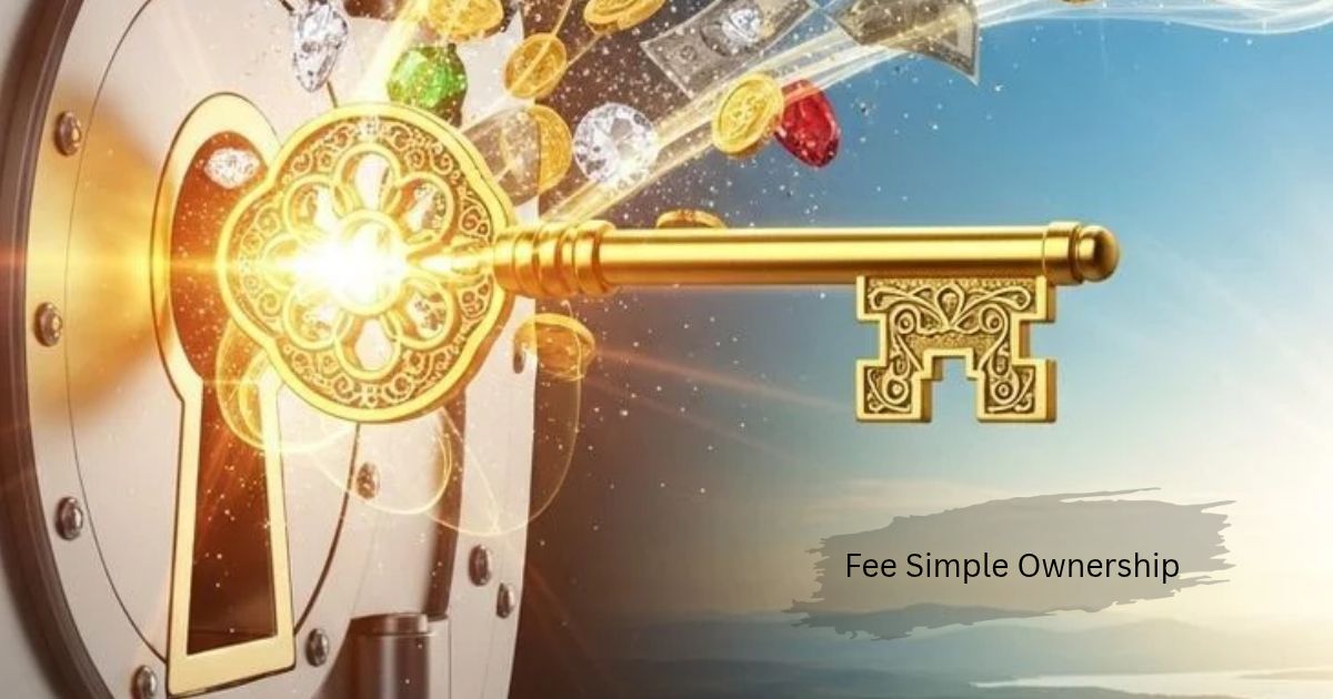 Ornate, glowing golden key unlocking a vault filled with gold coins."Fee Simple Ownership"