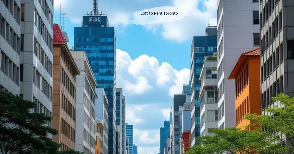 Downtown street lined with colorful high rise buildings and a blue glass tower under a cloudy sky, a loft to rent in Toronto.