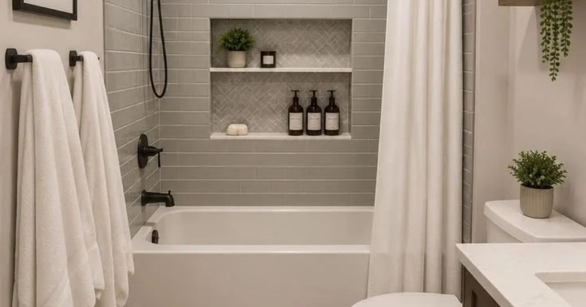 Basement bathroom renovation with gray subway tile, a built-in shower niche, and a white soaking tub