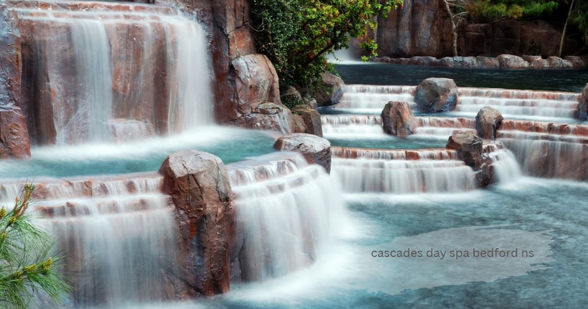 Scenic multi tiered waterfall cascading over rocky ledges into a turquoise pool.'cascades day spa bedford ns'