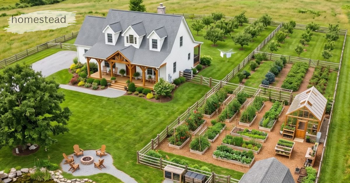 Aerial view of a white farmhouse homestead with raised garden beds, greenhouse, orchard, and fire pit.