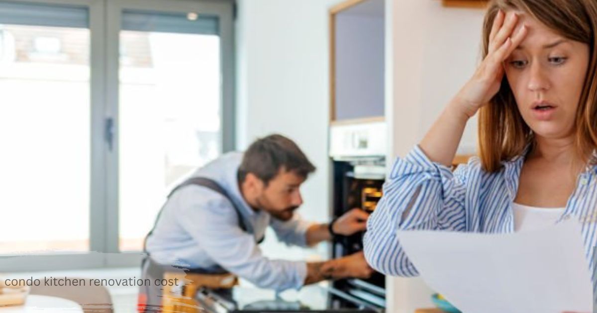 Stressed homeowner reviewing a renovation quote while a contractor installs an oven, showing condo kitchen renovation cost worries