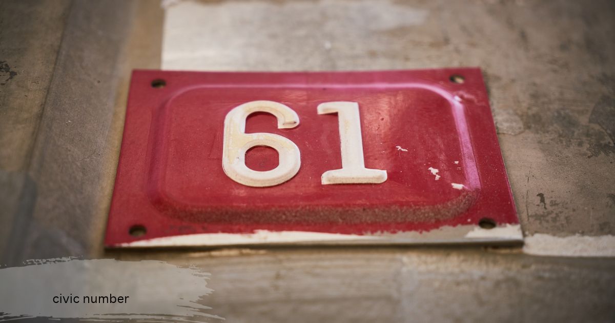 Red metal plate with a raised white number civic number 61 fixed to a weathered wall as a building number sign