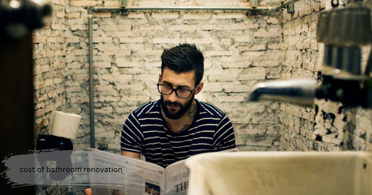 Man with glasses and a beard reading a newspaper  cost of bathroom renovation in a rustic bathroom with exposed brick walls, a sample of bathroom renovation cost planning
