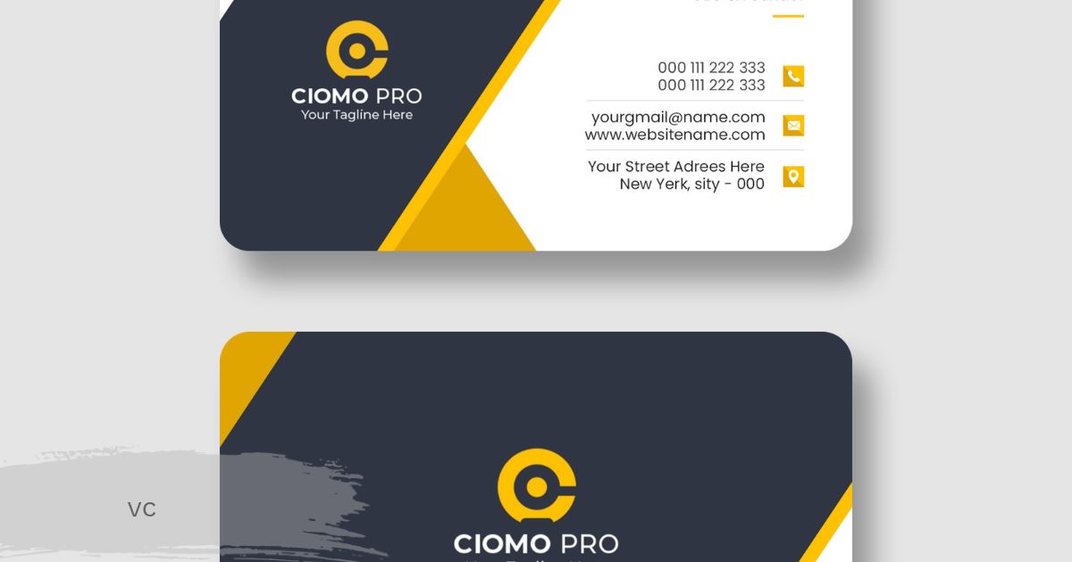 Modern vc business card template in dark blue and yellow with a round logo, phone, email and address details