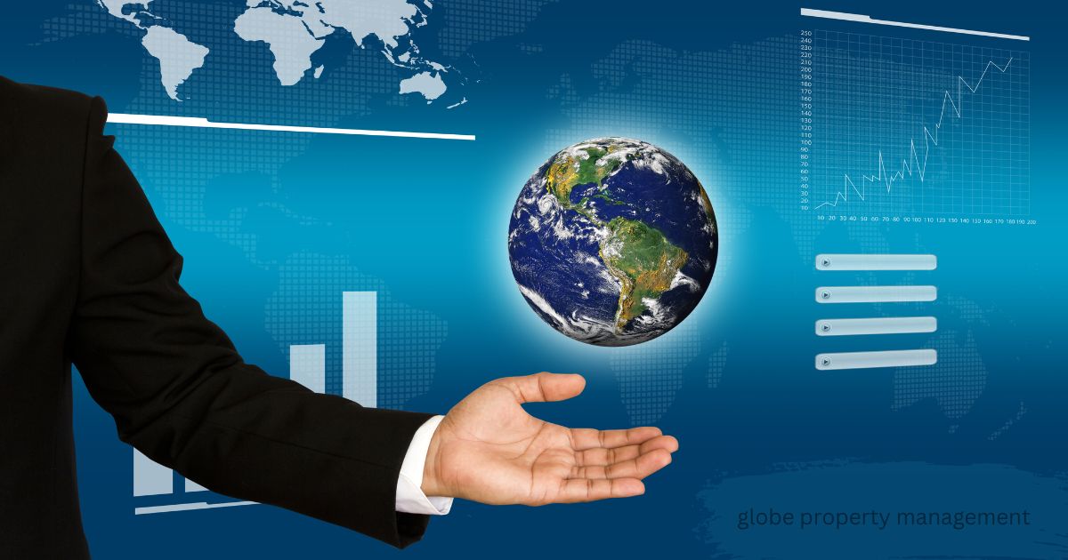 Alt text: Businessman holding a floating Earth globe beside growth charts, representing Globe Property Management