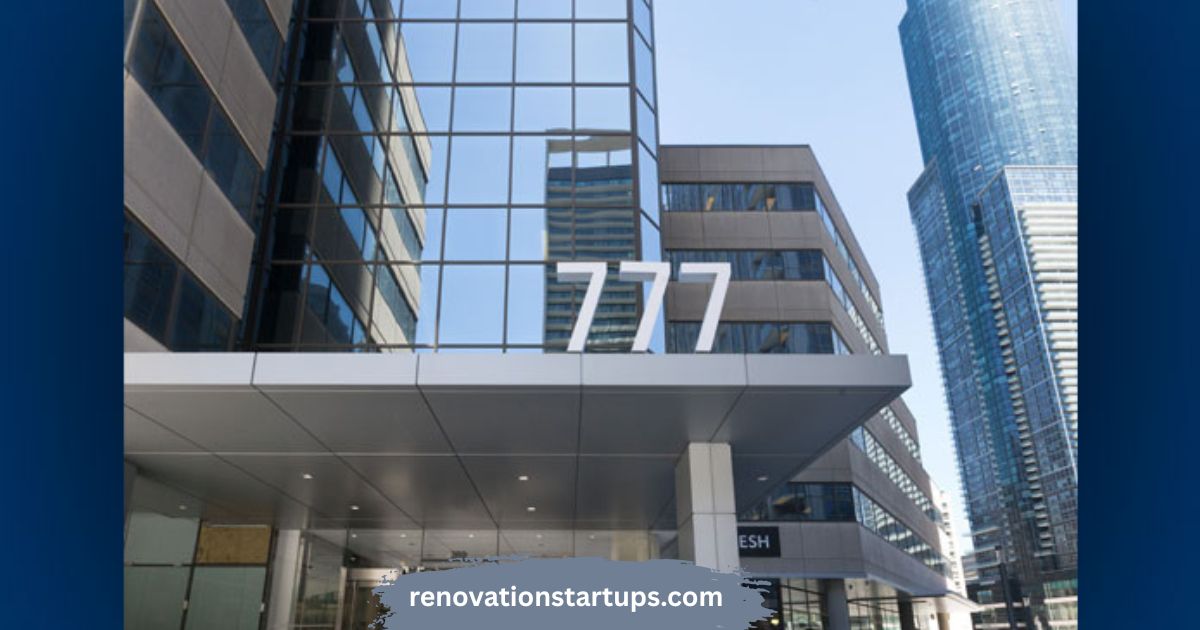 The modern exterior entrance of 777 Bay St office tower in downtown Toronto, featuring large white '777' building signage above the canopy.