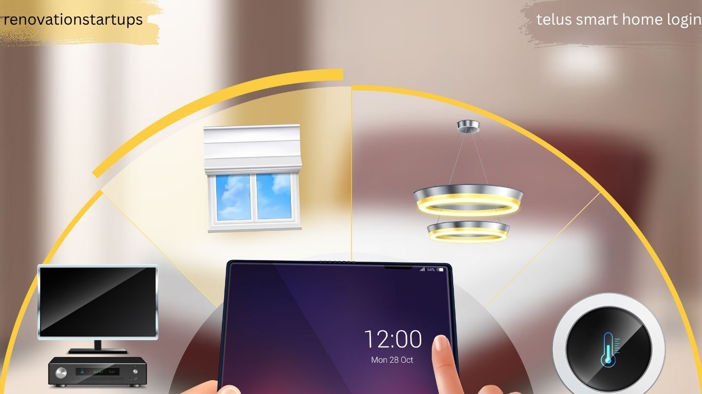 A tablet displaying smart home controls for blinds, lights, a thermostat, and a TV with a set-top box telus smart home login.