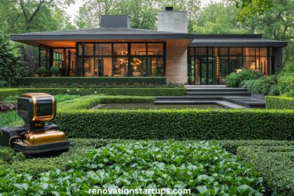 A premium luxury courtyard renovation featuring layered green hedges, dark stone steps, and a reflective pool in front of a modern glass-fronted house.