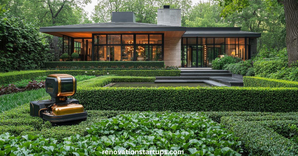 A premium luxury courtyard renovation featuring layered green hedges, dark stone steps, and a reflective pool in front of a modern glass-fronted house.