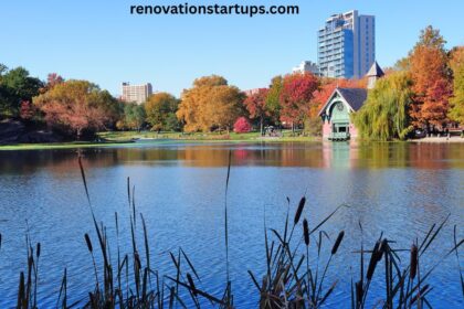 Scenic lakeside view of Erin Ontario with autumn foliage and historic boathouse
