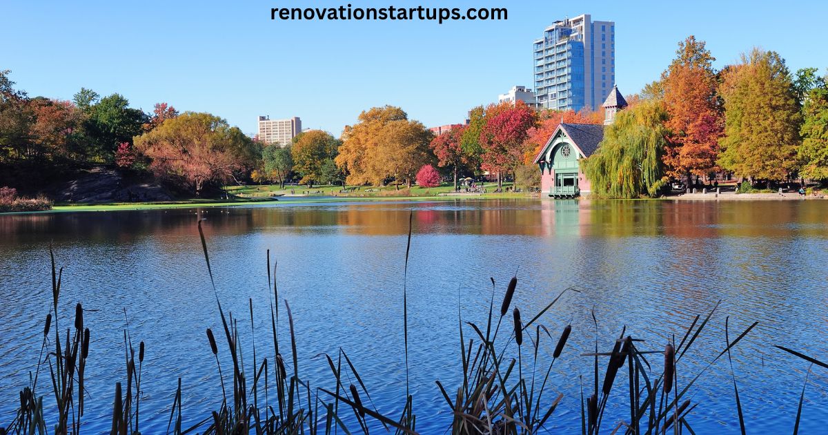Scenic lakeside view of Erin Ontario with autumn foliage and historic boathouse