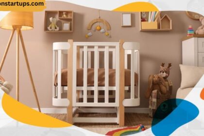 Nursery renovation cost example showing modern crib, warm beige walls, storage solutions, and baby décor