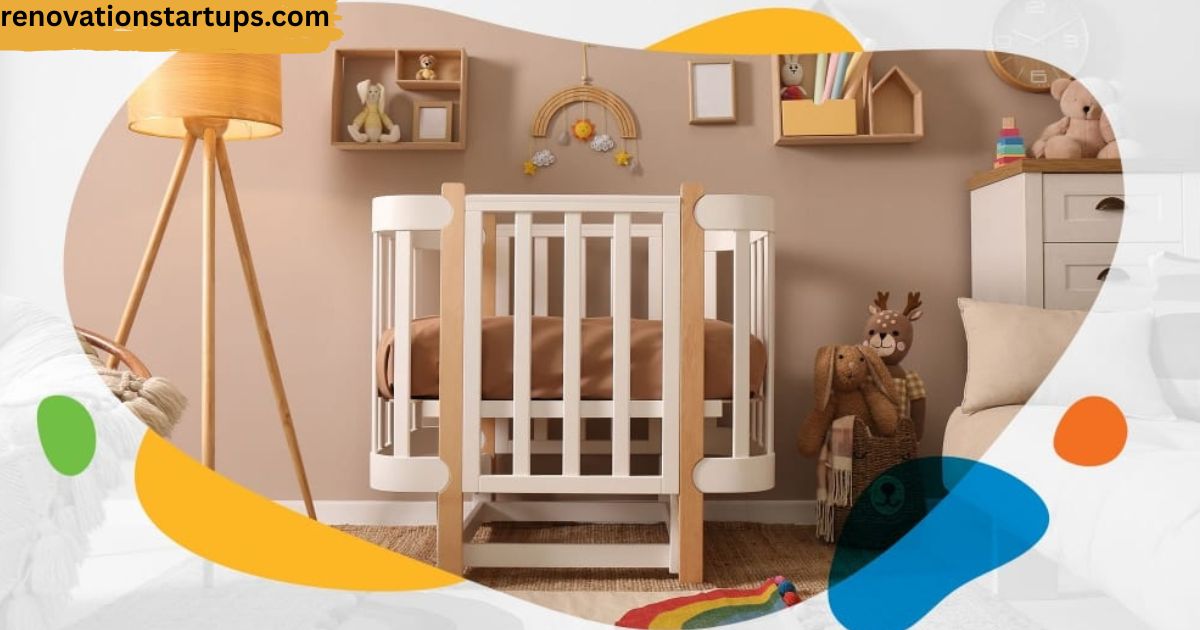 Nursery renovation cost example showing modern crib, warm beige walls, storage solutions, and baby décor