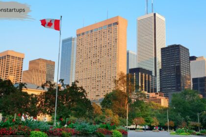 Holland Landing Ontario community near Greater Toronto Area skyline with Canadian flag