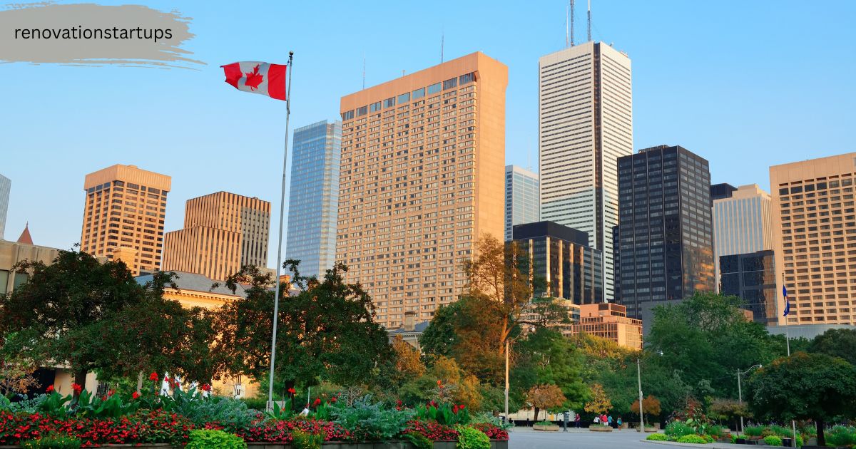 Holland Landing Ontario community near Greater Toronto Area skyline with Canadian flag