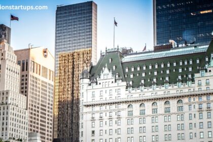 Classic chateau-style architecture contrasted against minimalist glass and steel corporate skyscrapers, showcasing an urban density similar to 66 wellington street west.