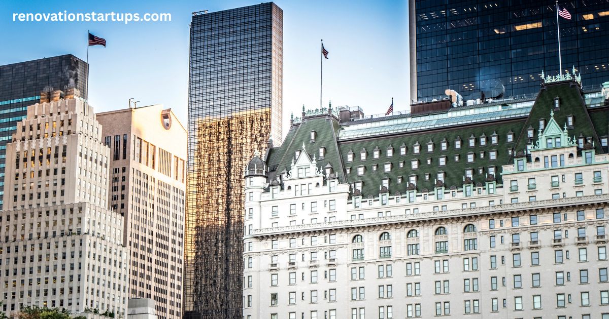 Classic chateau-style architecture contrasted against minimalist glass and steel corporate skyscrapers, showcasing an urban density similar to 66 wellington street west.