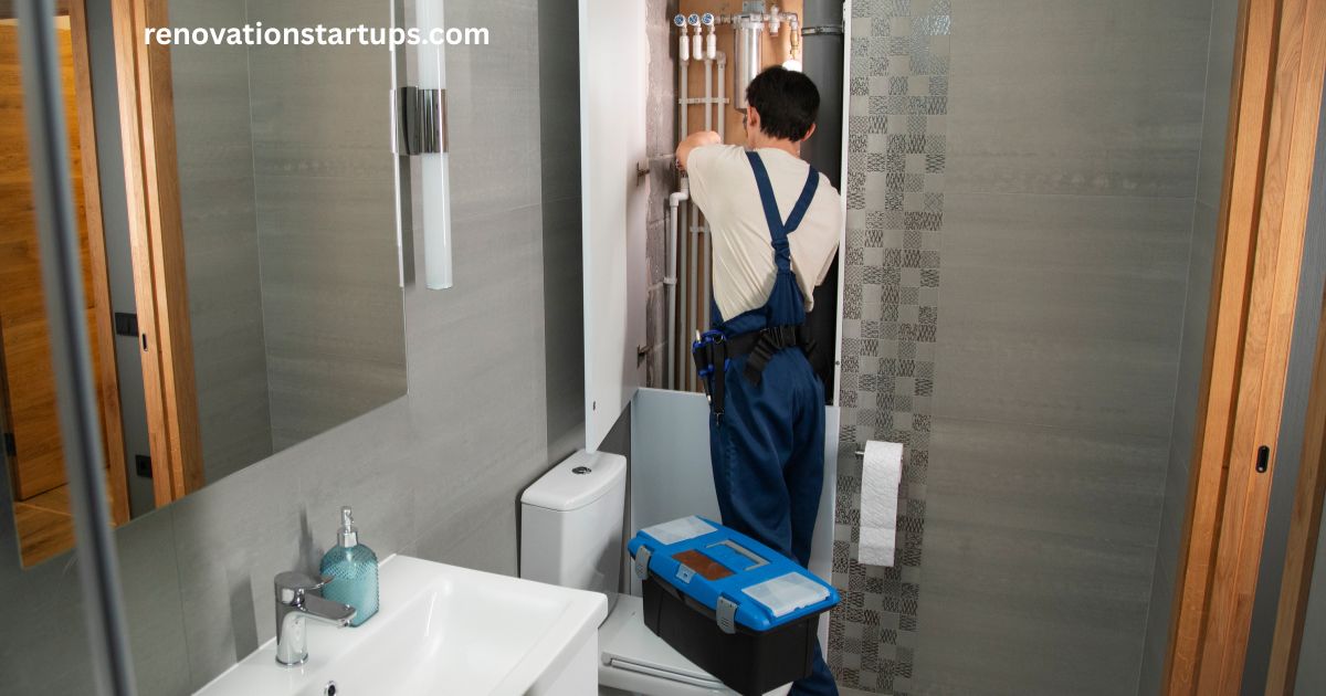 Plumber in blue overalls installing exposed pipes during a condo bathroom renovation, with a modern gray-tiled shower, white vanity sink, and toilet visible.