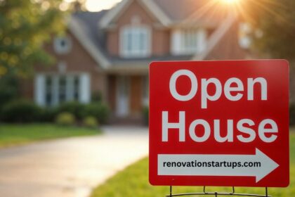 Red Open House sign pointing towards a suburban brick house for rent near to me