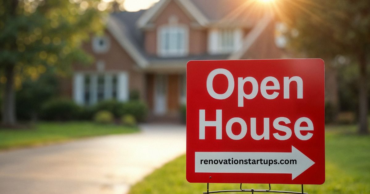 Red Open House sign pointing towards a suburban brick house for rent near to me