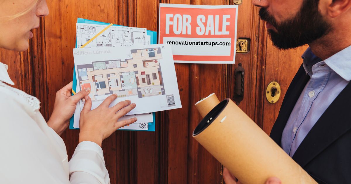 Real estate agent showing floor plan to buyer with a For Sale sign in the background — house for sale in Winnipeg