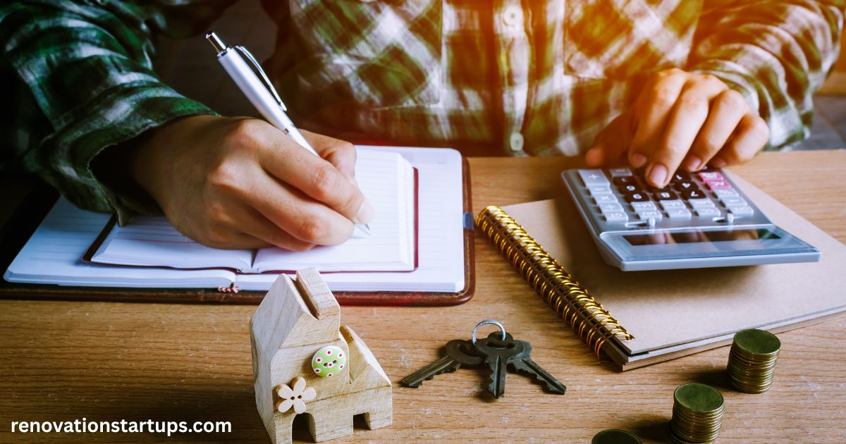 Person calculating house renovation costs with calculator, notebook, house model, keys, and coins on desk.