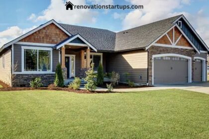 Modern craftsman-style single-family home with three-car garage, part of houses for sale Thunder Bay listings, featuring landscaped front lawn and stone-and-siding exterior