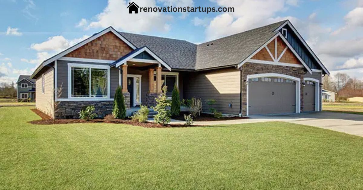 Modern craftsman-style single-family home with three-car garage, part of houses for sale Thunder Bay listings, featuring landscaped front lawn and stone-and-siding exterior