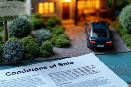 Propertyfile document 'Conditions of Sale' beside a miniature model house, garden, and car in driveway