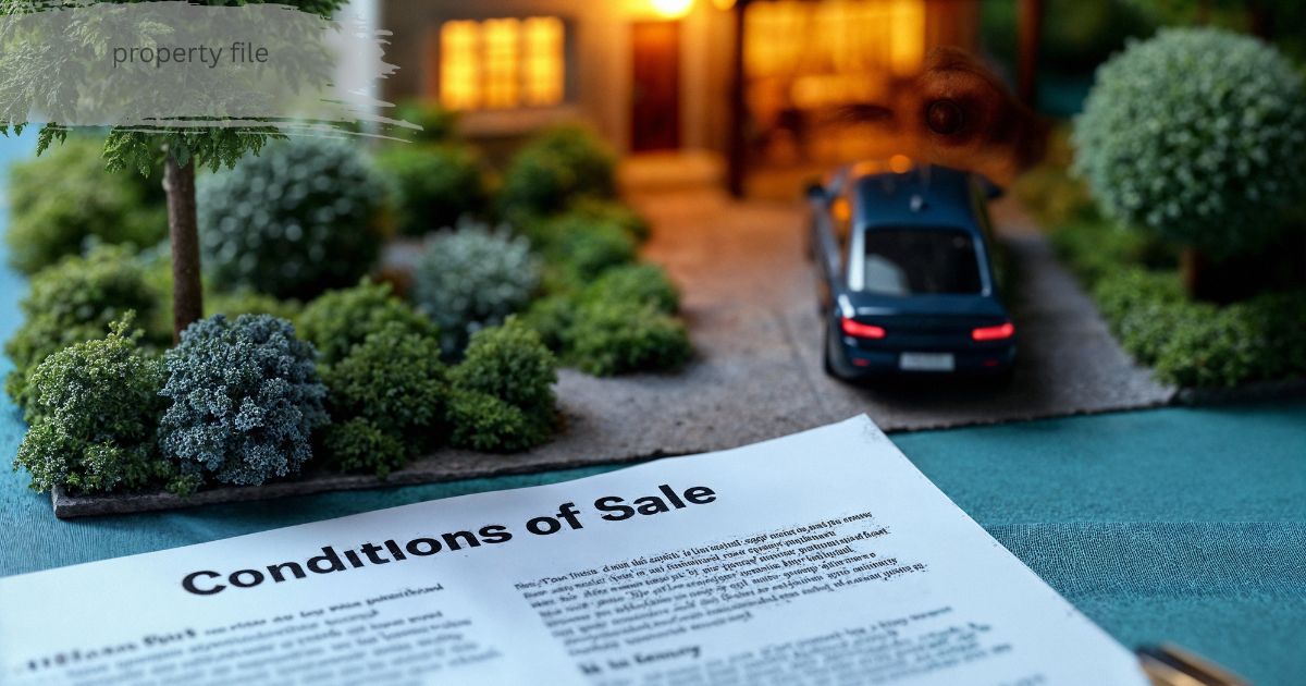 Propertyfile document 'Conditions of Sale' beside a miniature model house, garden, and car in driveway
