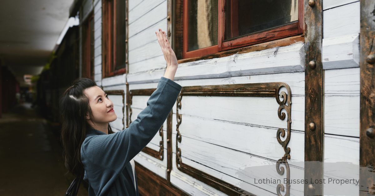 Woman reaching toward vintage train carriage window while searching for Lothian Busses Lost Property items