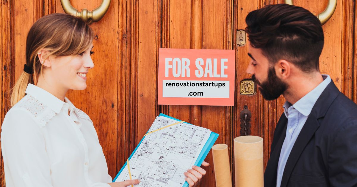 Real estate agent showing house blueprints to buyer beside a For Sale sign on a wooden front door in St. Catharines.