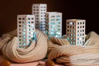 Miniature illuminated apartment buildings wrapped in a cozy knit scarf, representing property connections for a warm, secure home