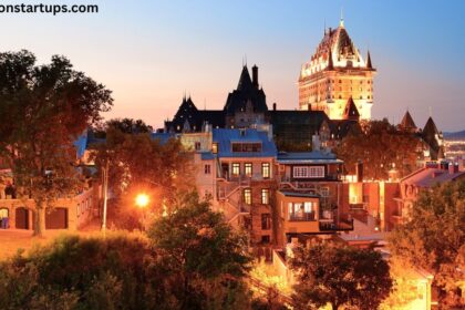 Hagersville ON skyline view at dusk with historic buildings and city lights