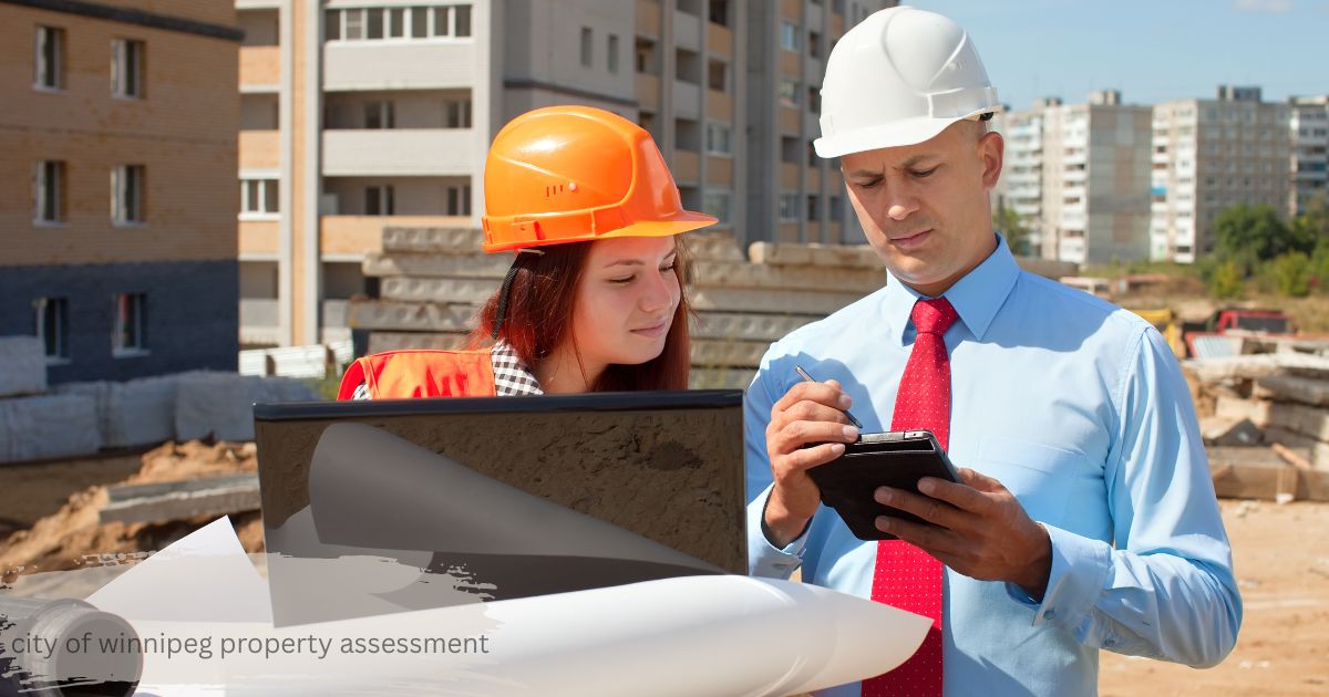 City of Winnipeg property assessment inspector reviewing building blueprints at a residential construction site