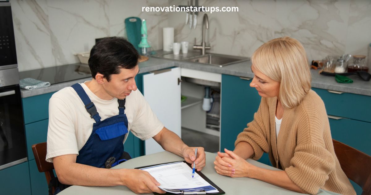 Contractor and homeowner discussing kitchen renovation cost estimate on a clipboard in a modern kitchen with teal cabinets