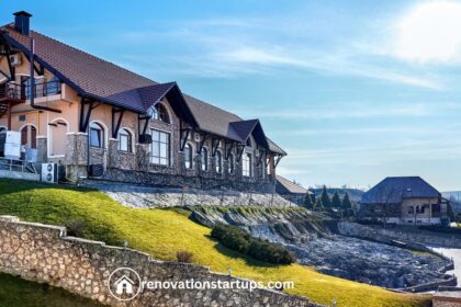 Luxury hillside home on Scotts Rd with stone terraces and mountain view