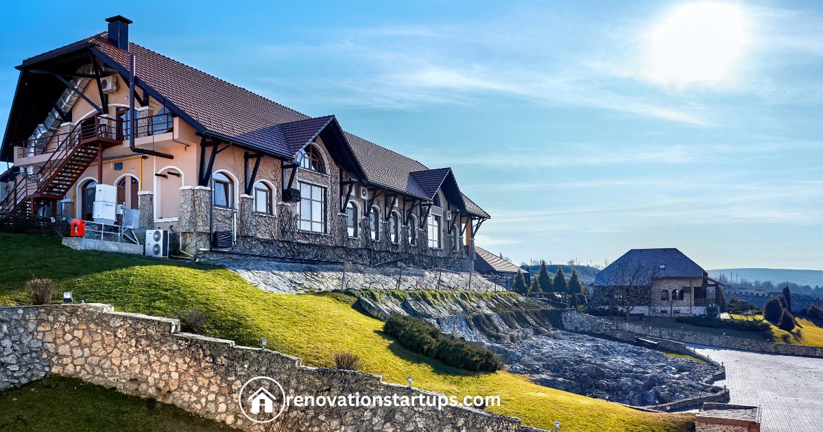 Luxury hillside home on Scotts Rd with stone terraces and mountain view